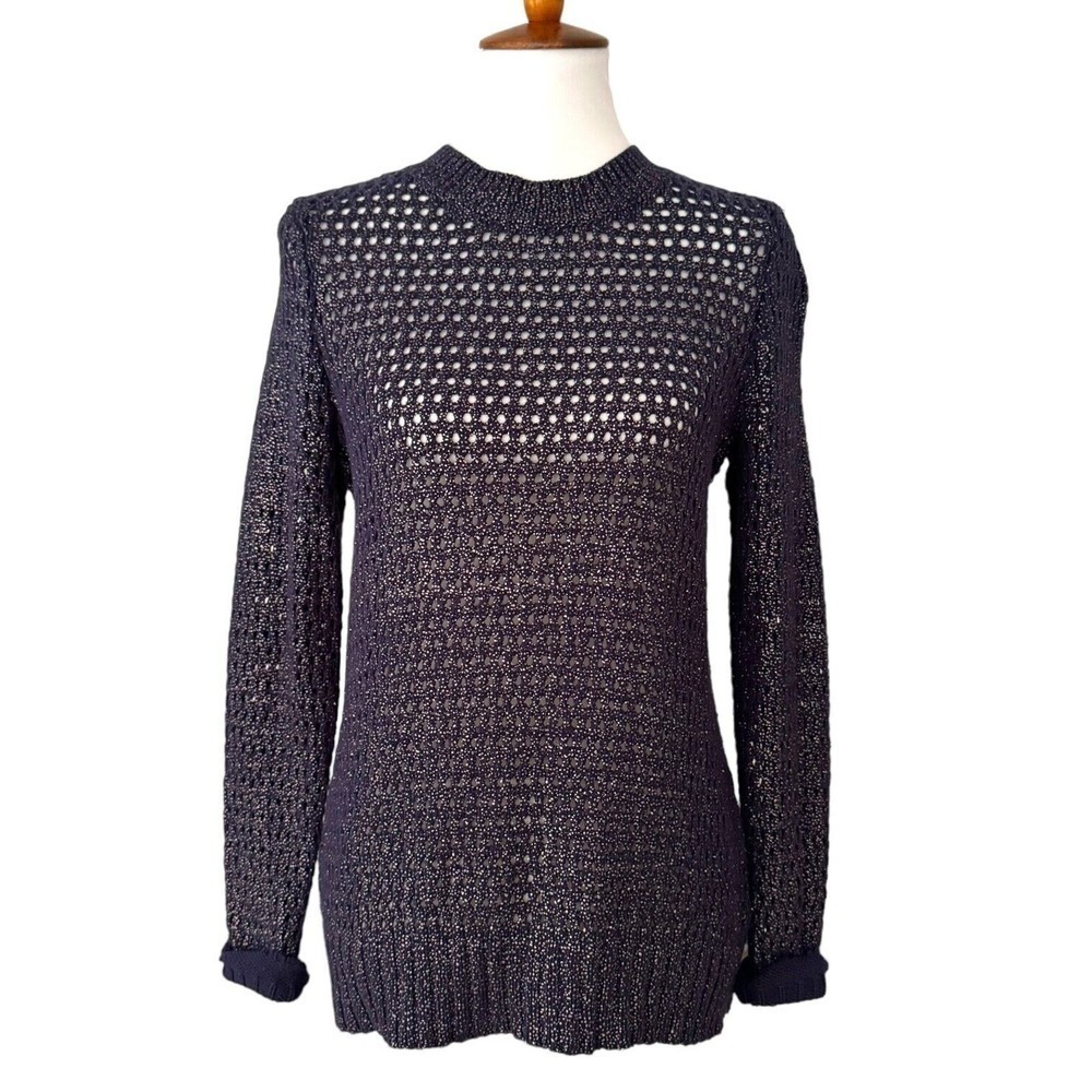 🍀Narcisco Rodriguez Pullover Sweater Blue Silver Open Knit Cotton Blend Small